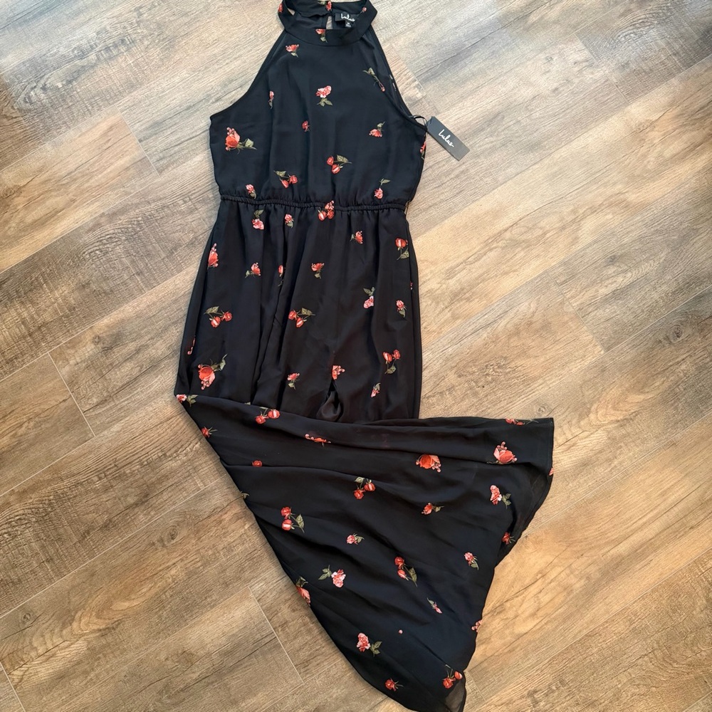 NWT Lulu's Women M Black Floral Maxi Dress Slit Sleeveless Keyhole Elastic Waist
